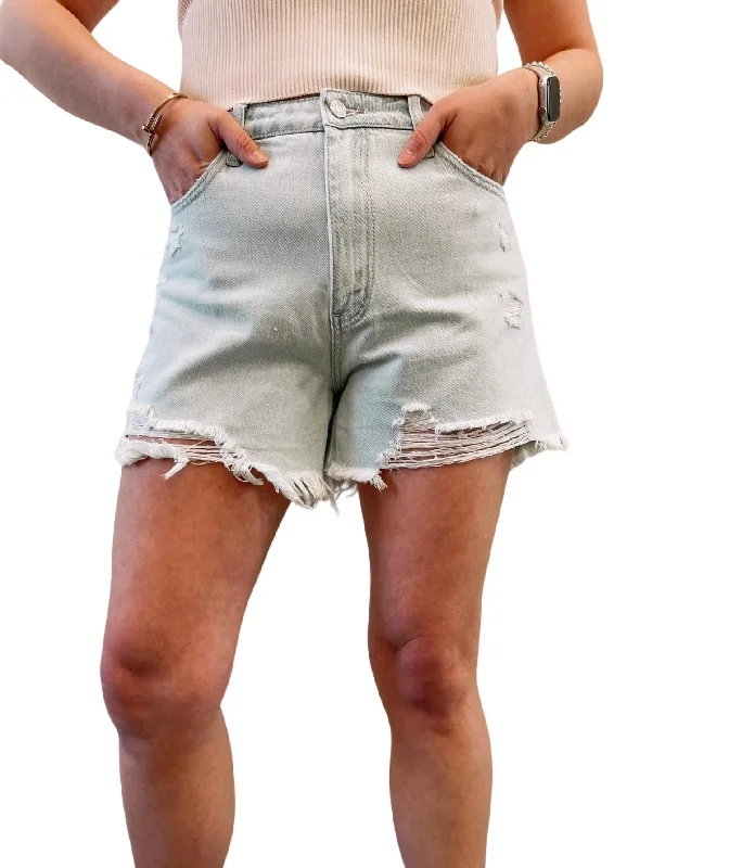 High Rise Distressed Mom Shorts In Light Wash