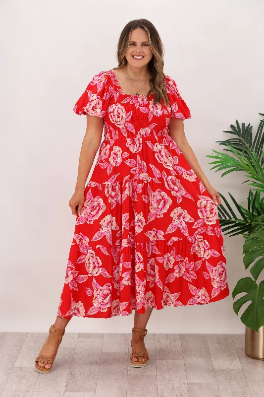 Lillie & Mia Rowan Shirred Rose Print Maxi Red Pink