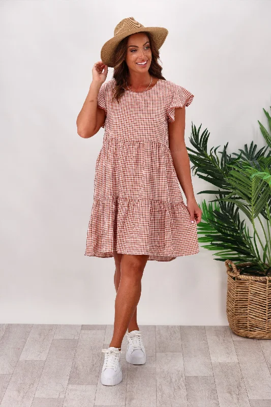 Miracle Lace Trim Gingham Ruffle Dress Rust